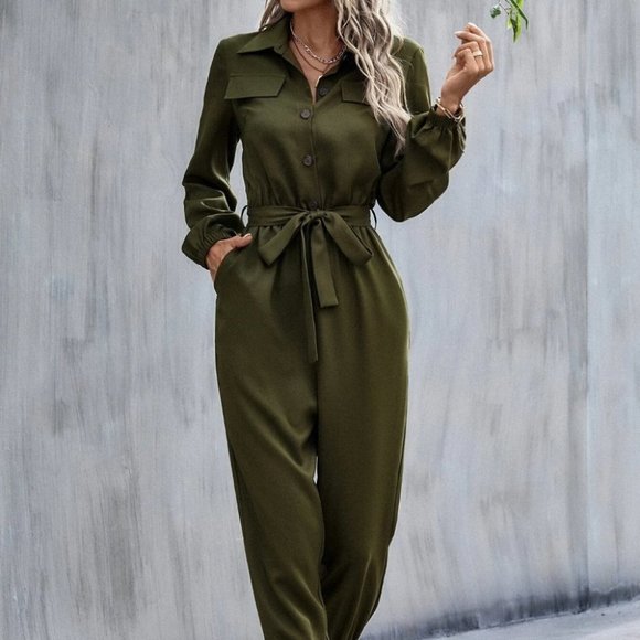belted jumpsuit casual classic green - Picture 3 of 7